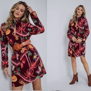 Lez a Lez Boho Tropical Unicorn Zebra Print Midi Dress  Keyhole Smock Neck Large
